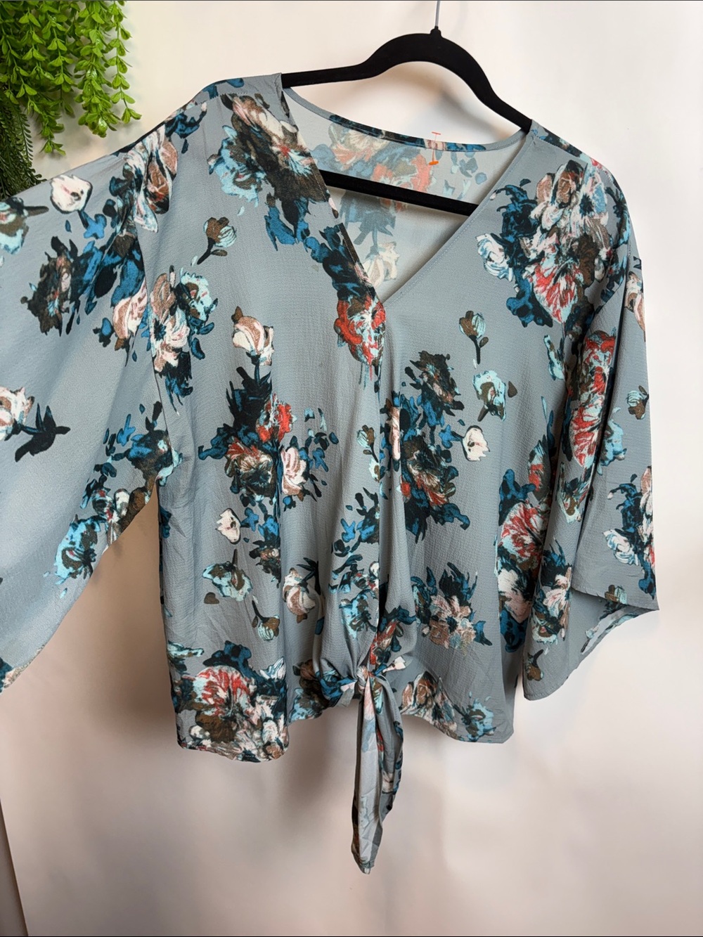 Source Unknown Dusty Blue Floral Tie-Front V-Neck Blouse